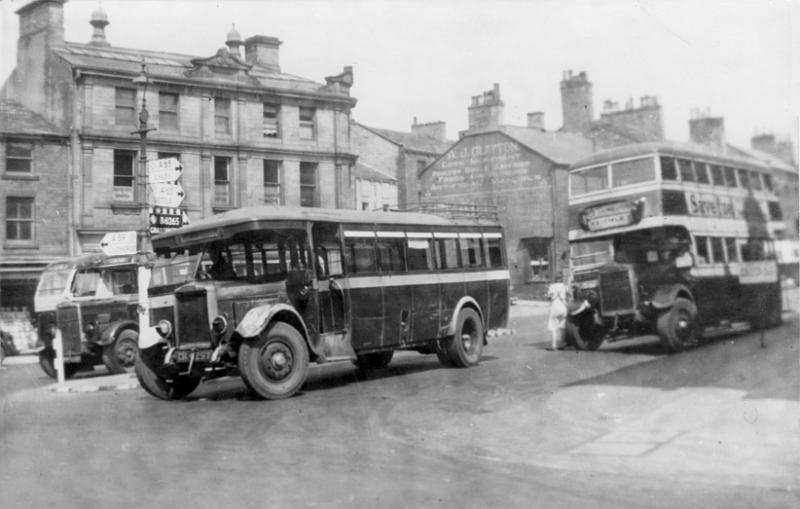Leyland Tiger - Skipton - 1943.jpg - The pennine vehicle is ex - Ribble CK4297,  one of a batch purchased second hand in 1938. Note the luggage rack. The date was June 1943 and the bus had white edges to the mud guards and had to have blacked out head lamps with only a slit. The bus was Leyland Tiger, new in 1930, the chassis number was 61091 and the body was made by Leyland. The bus was a front entrance service bus with 31 seats, it was taken out of service in October 1949.   ( Photo courtesy of Pennine Motors ) 